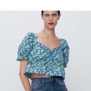 Zara Floral Peasant Ruffle Cropped Top